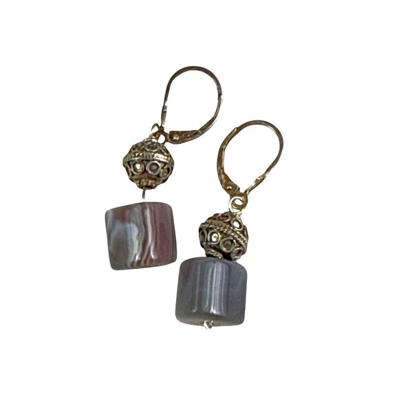 Vintage Sterling Silver Earrings Gray Banded Agate Beads Dangle Hook Artisan - Picture 1 of 7